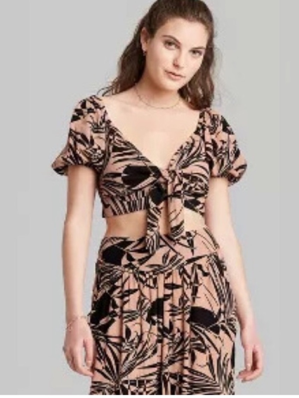 wild fable Blush & Black Tie-Front Crop Top with Matching Pants (Set)